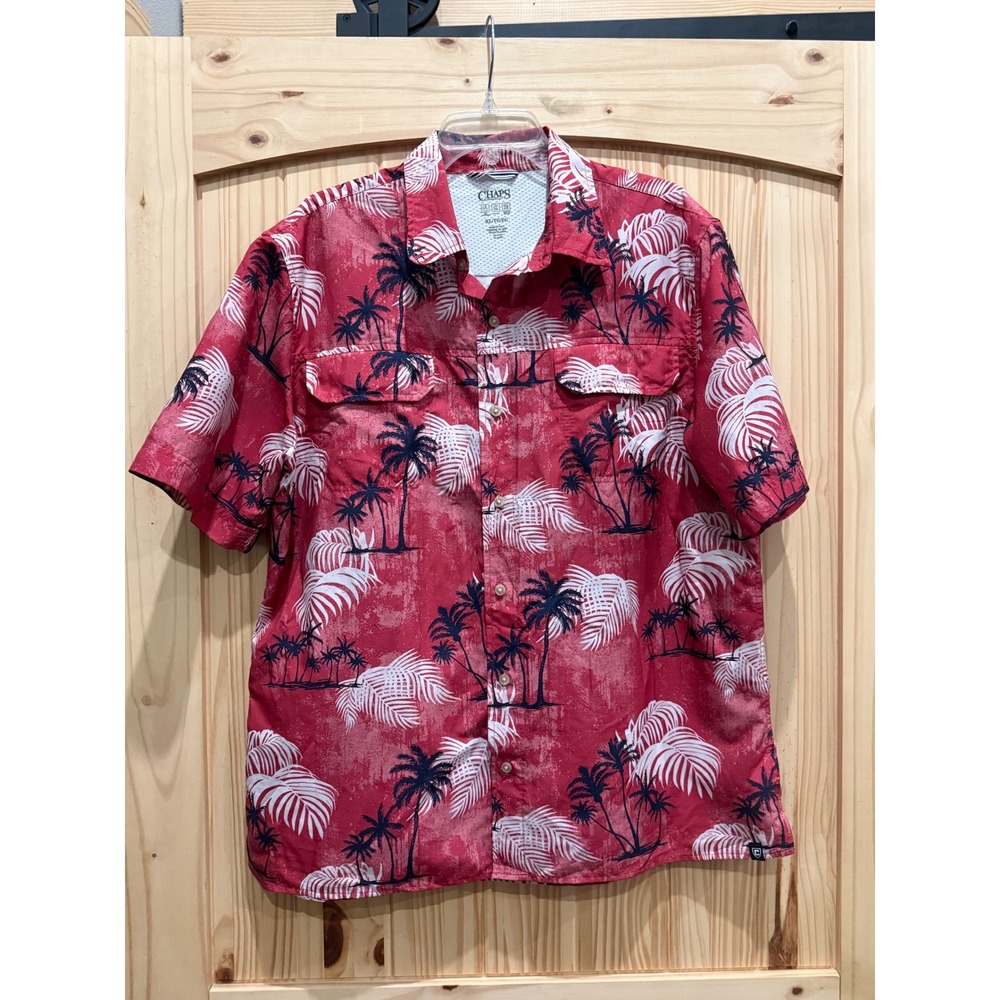 Chaps Mens XL Red Tropical Palm Tree Performance Short Sleeve Button Down Shirt